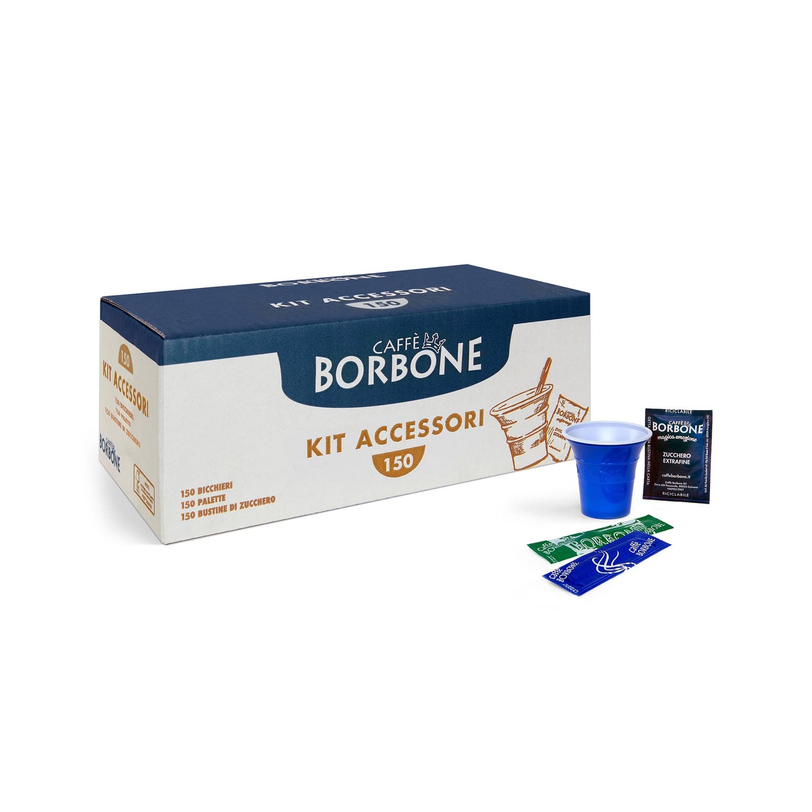 Caffè Borbone Espresso Servier-Set mit 150 Bechern, Zuckerbeuteln und Rührstäbchen