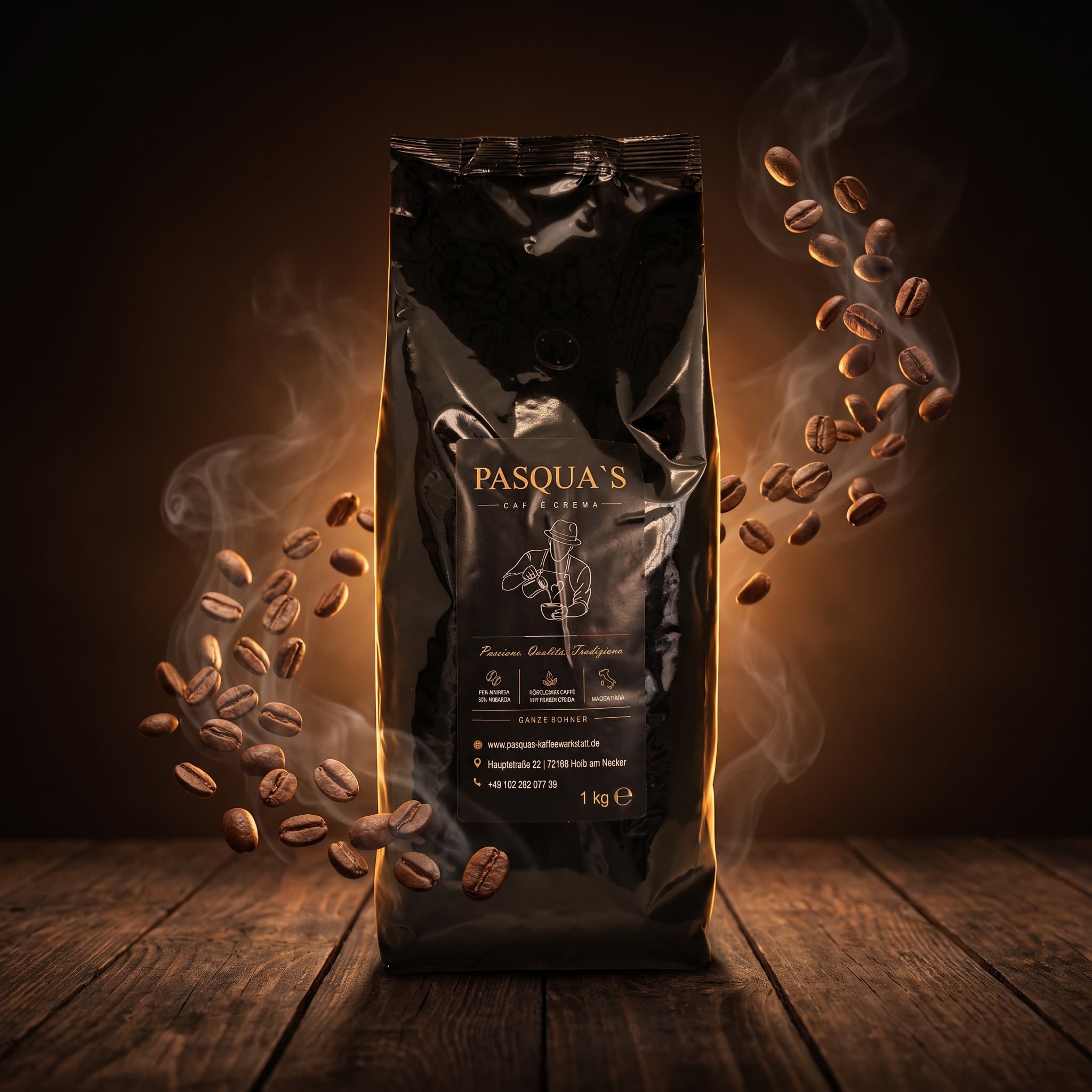 Pasqua's Caffè Crema – dramatischer Werbeshot mit fliegenden Kaffeebohnen