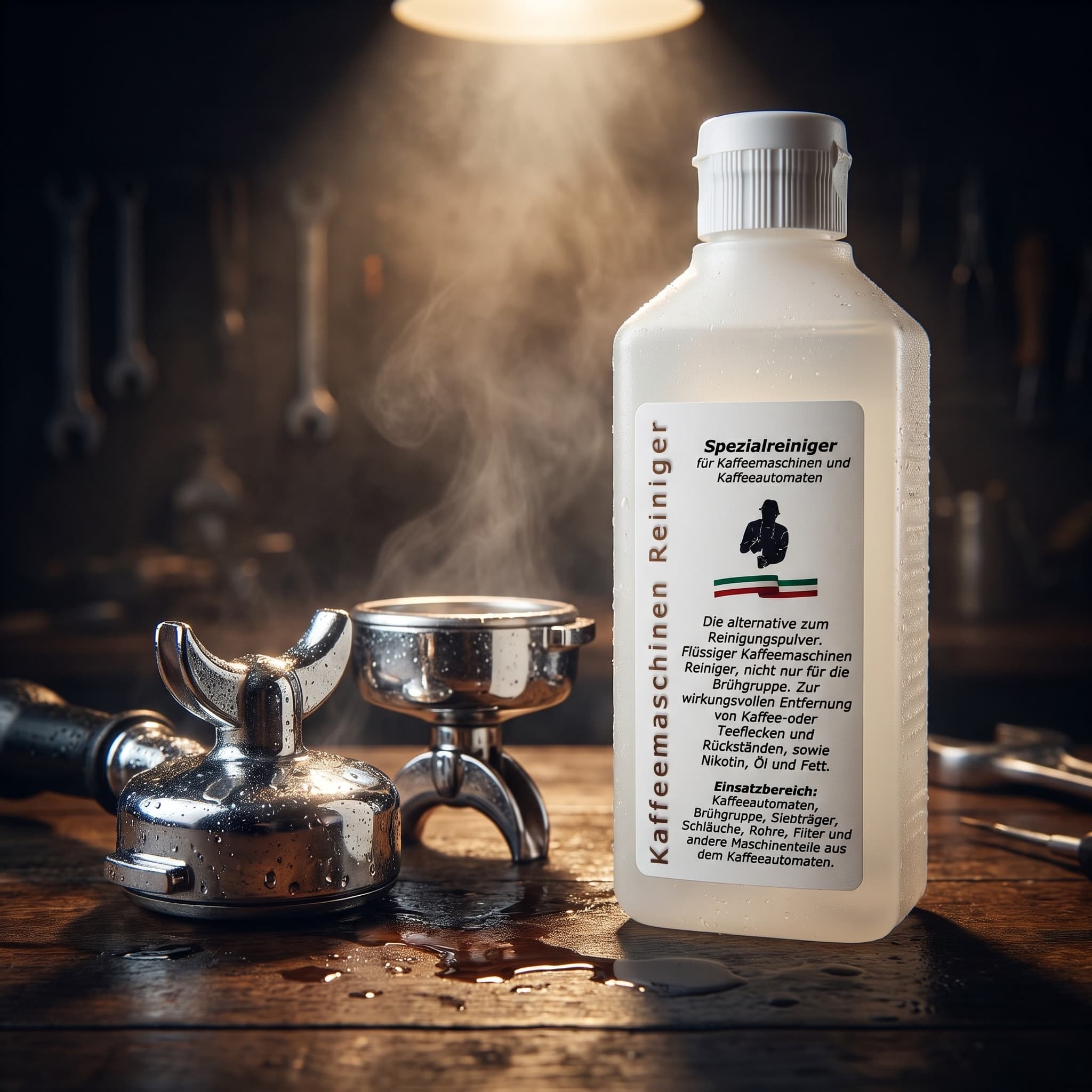 Spezialreiniger für Kaffeemaschinen – dramatischer Werbeshot der 250-ml-Flasche