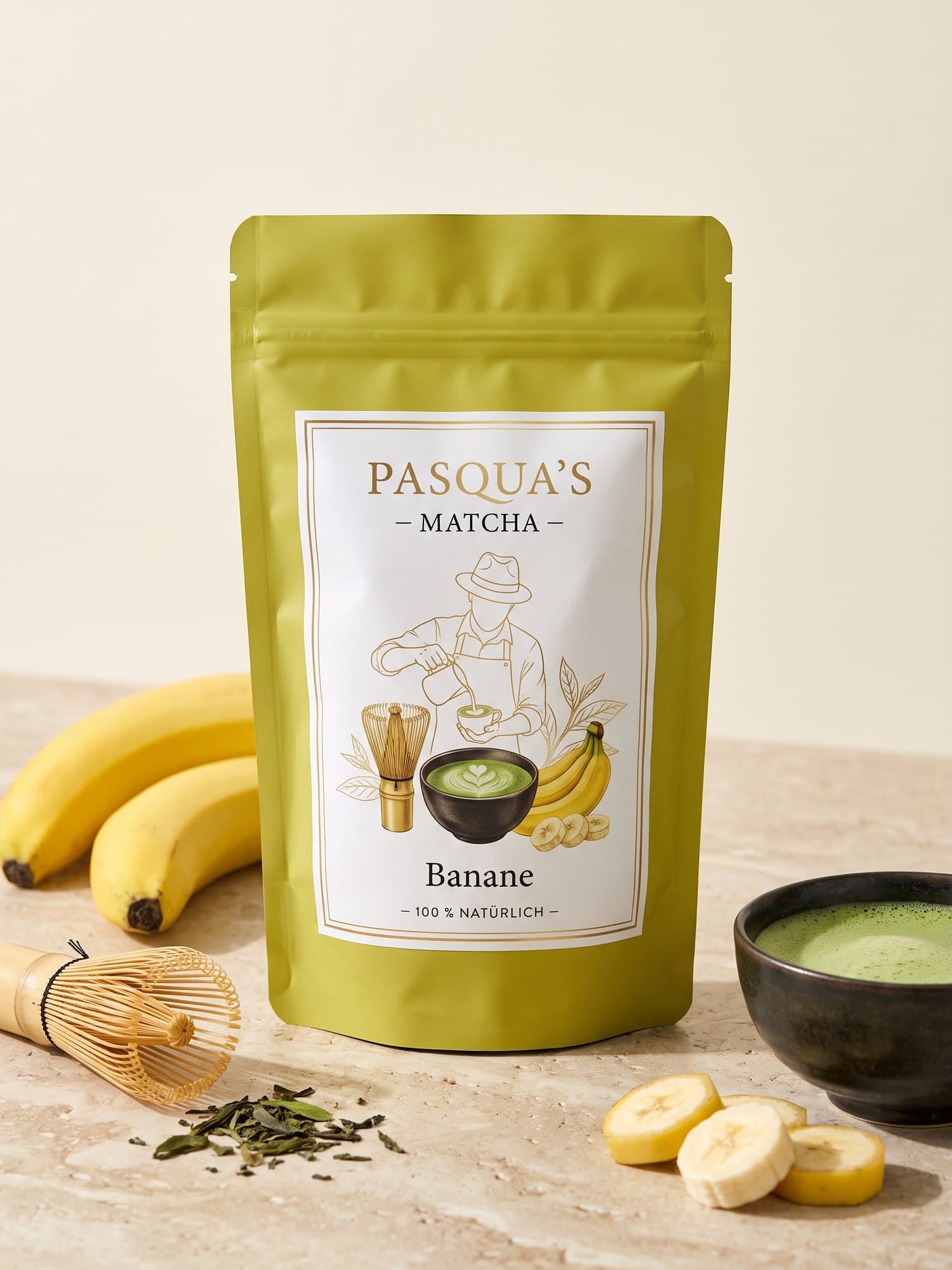 Pasqua's Matcha Banane – grüner Frischebeutel mit Bananen, Matcha-Schale und Bambusbesen