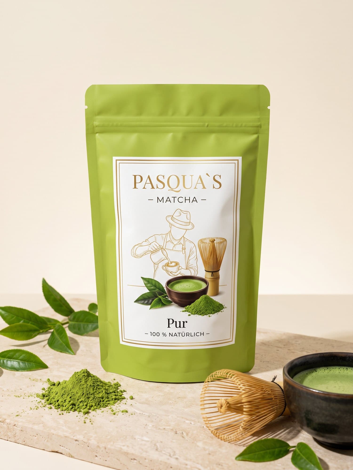 Pasqua's Matcha Pur – grüner Frischebeutel mit Matcha-Schale, Bambusbesen und Matcha-Pulver