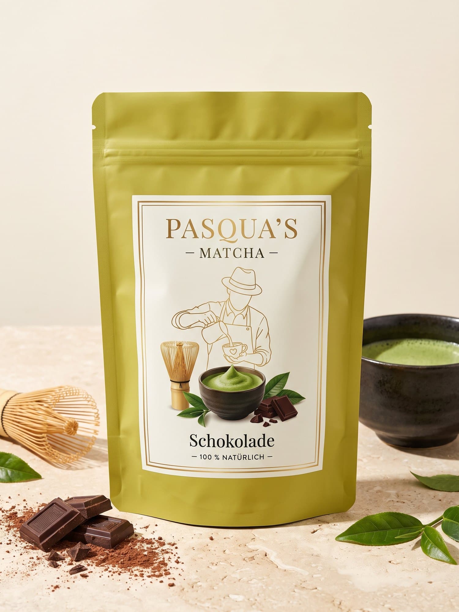 Pasqua's Matcha Schokolade – grüner Frischebeutel mit Schokoladenstücken, Matcha-Schale und Bambusbesen