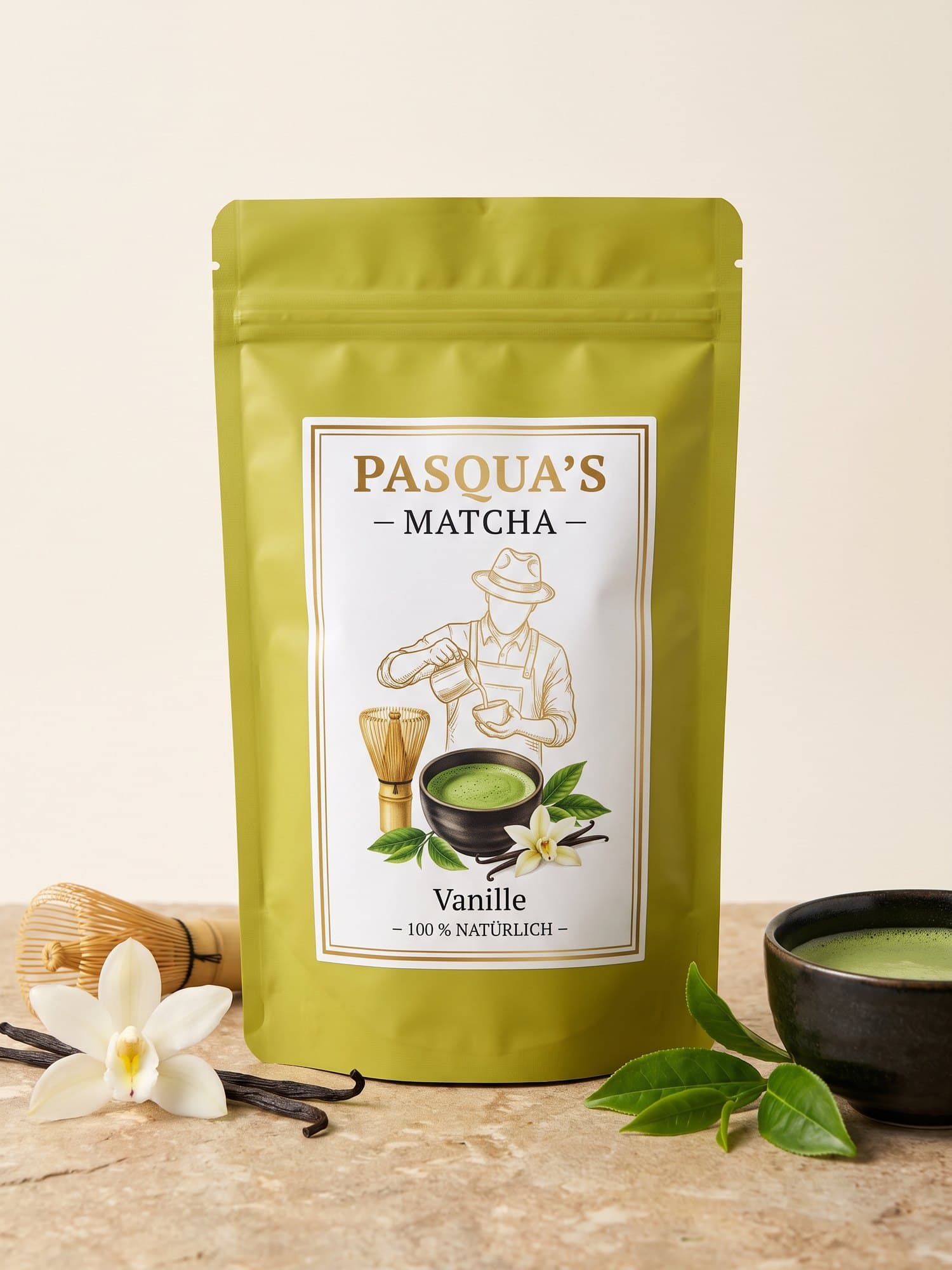 Pasqua's Matcha Vanille – grüner Frischebeutel mit Vanilleblüte, Vanilleschoten, Matcha-Schale und Bambusbesen