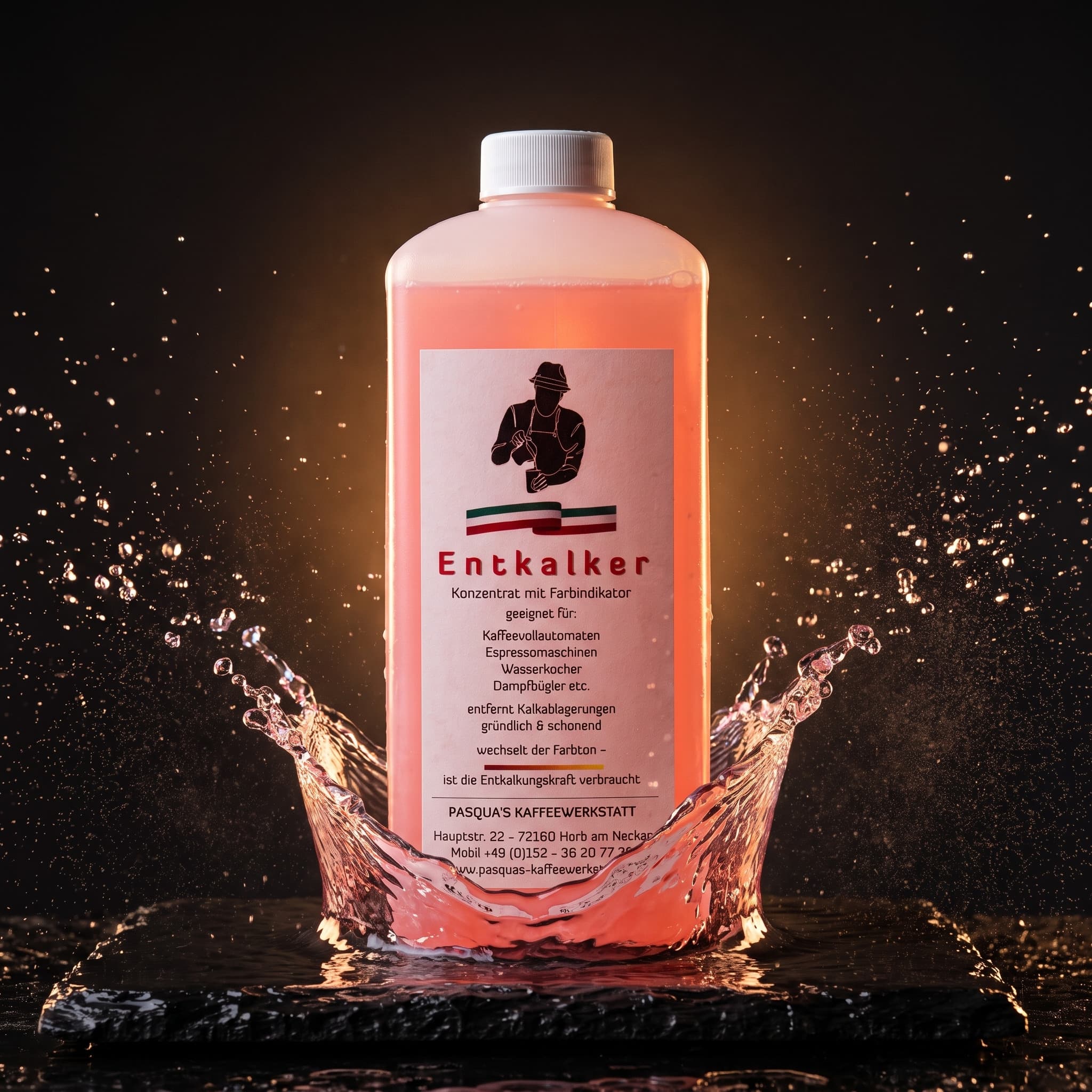 Pasqua's Entkalker Konzentrat mit Farbindikator – dramatische Produktinszenierung mit Wassersplash