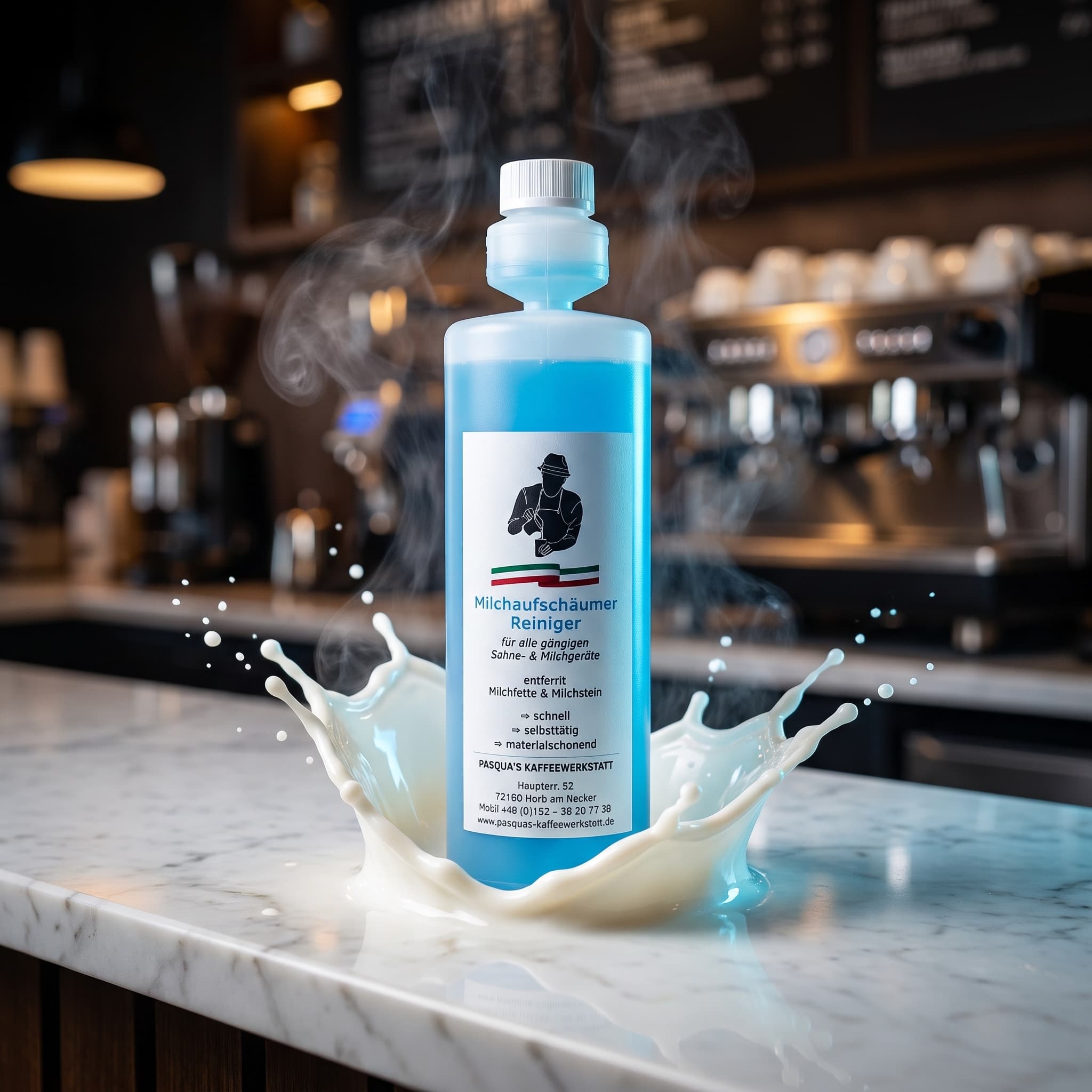 Milchaufschäumer Reiniger – dramatischer Werbeshot mit Milchsplash