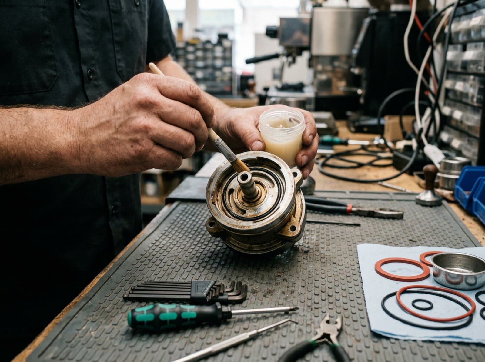 Handarbeit in der Werkstatt: Service an einer Brühgruppe
